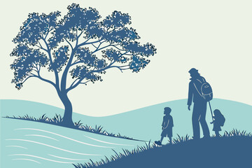 Family Hiking Illustration Print | Blue Nature Scene Art