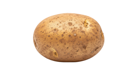 Whole light brown potato with scattered dark spots and small eyes—slightly oval, firm, and isolated on transparent background, ideal for culinary or botanical reference