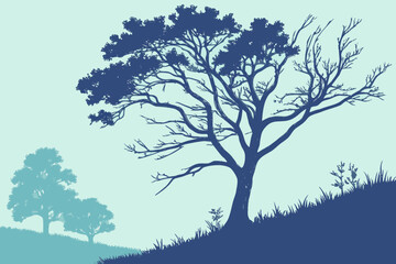 Obraz premium Blue Tree Landscape Print | Mixed Foliage Silhouette Art