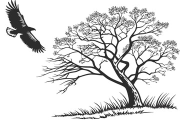 Flying Eagle & Tree Print | Black & White Nature Art