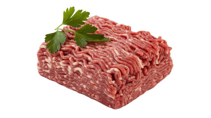 Fresh raw ground beef block garnished with parsley isolated on transparent background