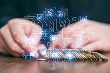 Digital finance concepts blend with physical currency in a modern workspace setting