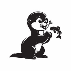 Fototapeta premium Cute cartoon otter holding a fish