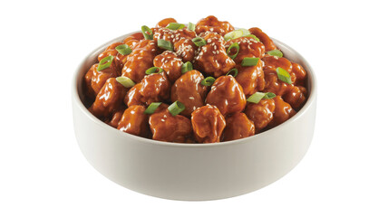 Bowl of sweet and savory orange chicken with sesame seed garnish isolated on transparent background