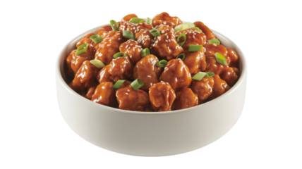 Bowl of sweet and savory orange chicken with sesame seed garnish isolated on transparent background