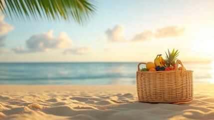 Wicker basket filled with fresh fruit rests on sandy beach by ocean at sunset