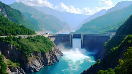 Hydroelectric Dam in Mountain Valley: Scenic Landscape of Power Generation & Renewable Energy, Clear Blue Water & Lush Greenery
