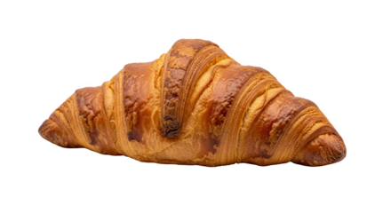 Single croissant with golden-brown, flaky layers and crescent shape—crisp exterior and laminated texture ideal for culinary or bakery reference