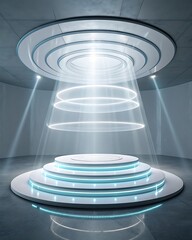 Futuristic holographic stage with glowing lights and sci fi atmosphere