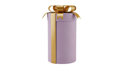 Lilac round gift box with golden ribbon isolated PNG, present for birthday or special occasion on transparent background