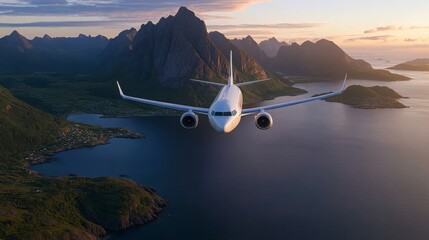 Commercial airplane flies low over dark blue ocean near steep green mountains at sunset