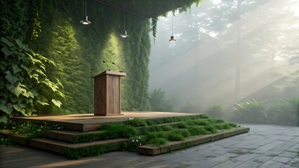 Wooden podium on a green stage in a lush jungle setting with misty sunlight
