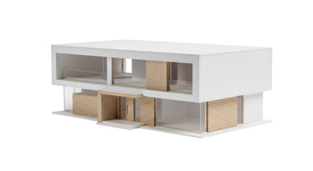 Modern two-story house model isolated PNG, contemporary architecture with wood and glass design on transparent background