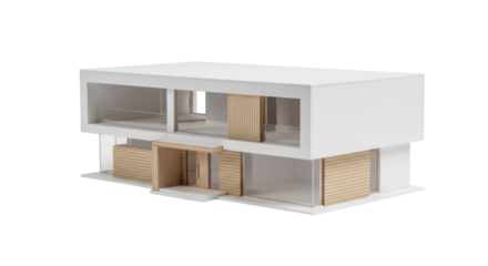 Modern two-story house model isolated PNG, contemporary architecture with wood and glass design on transparent background