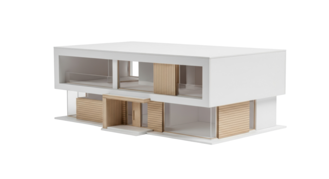Modern two-story house model isolated PNG, contemporary architecture with wood and glass design on transparent background