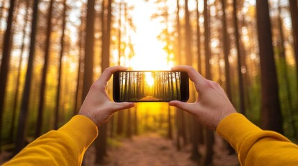 Hands holding smartphone photographing intense sunlit forest path at sunset or sunrise