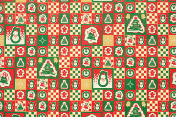 seamless pattern with christmas trees and snowman and checkered,colorful background with christmas trees and snowman and grid,Christmas gift wrapping paper, Xmas pattern with ornaments.happy new year