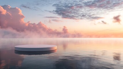 Serene sunrise over calm water with a floating podium and soft clouds