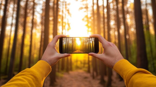 Hands holding smartphone photographing intense sunlit forest path at sunset or sunrise