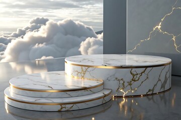 Elegant marble pedestals with gold trim against a cloudy sky backdrop