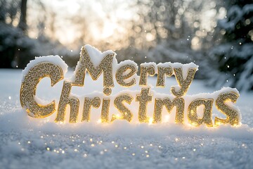 A glittering "Merry Christmas" banner with gold letters, set against a snowy outdoor backdrop