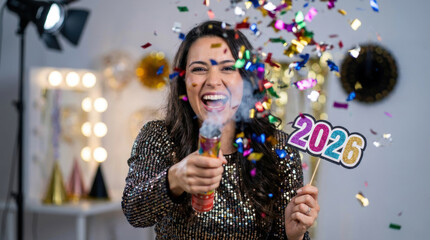 Happy woman celebrating New Year 2026 with a confetti cannon and a colorful number prop. Festive party scene featuring a young female in a sequin dress having fun in a photo booth setting.
