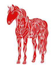 Minimalist style illustration for Chinese new year of the red horse 2026. Zodiac horse shape with blossoms pattern. Happy Chinese New Year element. Vector illustration