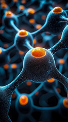 Close-up of intricate, glowing neural network or advanced cellular structure with vibrant orange cores and detailed blue connections, depicting complex biological communication at microscopic level