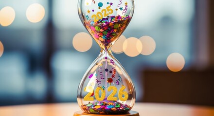 Hourglass with colorful confetti marking the transition from 2025 to 2026