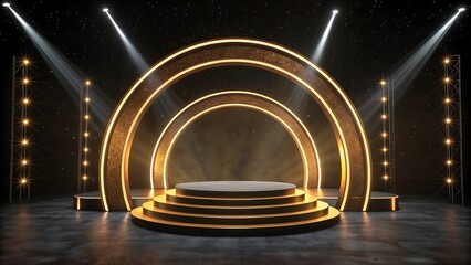 Illuminated stage with tiered podium and golden archways under spotlights