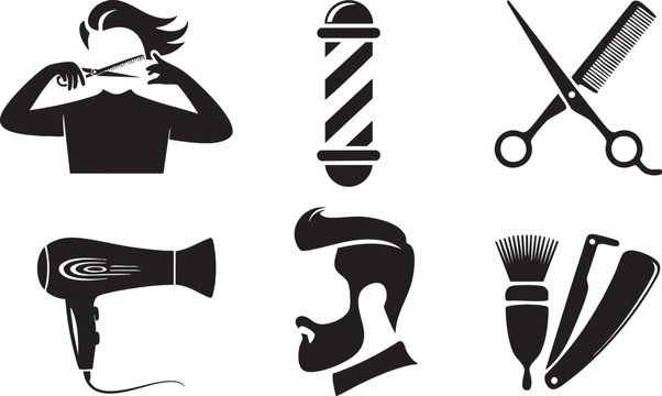 Black silhouette icons of barber tools and hair styling elements on white scissors comb - Powered by Adobe