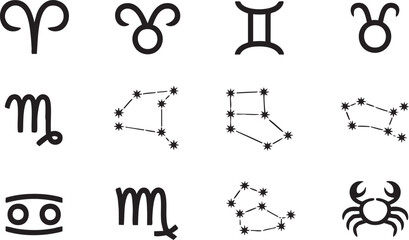 Black zodiac symbols and constellations on a white background aries taurus