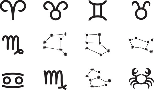 Black zodiac symbols and constellations on a white background aries taurus