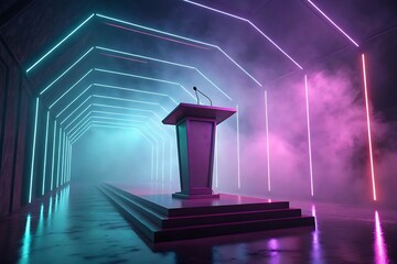 Futuristic podium with neon lights and smoke in a tunnel