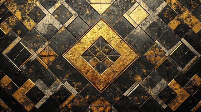 Elegant gold and black geometric pattern with textured grunge effect, creating a luxurious abstract background