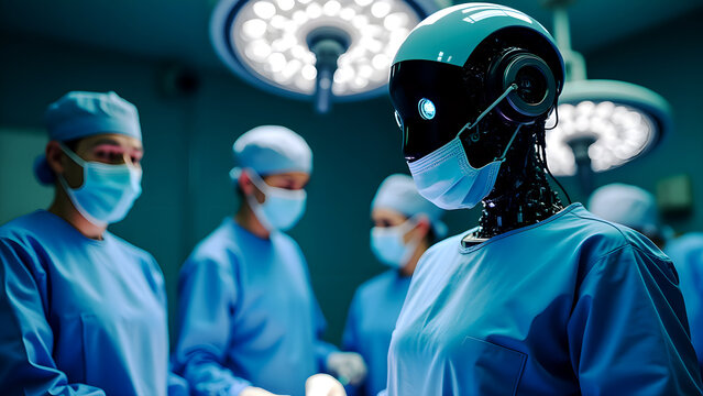 Robot Surgeon in Operating Room: AI Medical Technology, Healthcare Innovation, Robotics in Surgery, Future of Medicine Stock Photo