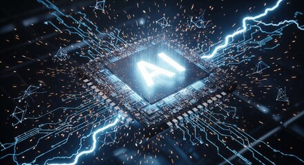 AI Microchip Technology. Glowing hologram circuits in futuristic design.