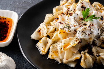 Traditional Turkish dish manti. Traditional dish made with handmade dough and minced meat.
