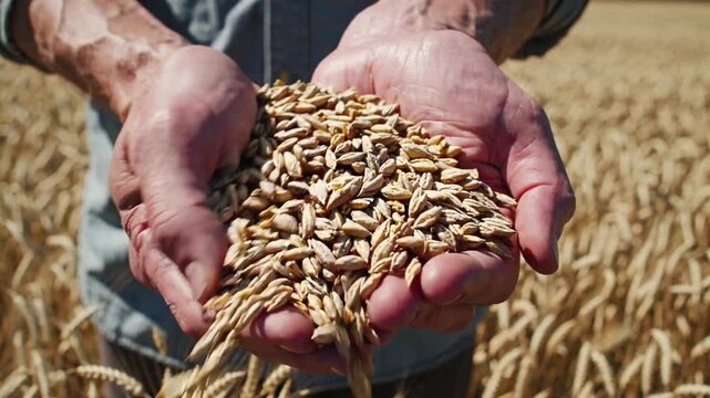 Close-up of a farmer's weathered hands holding a handful of golden wheat grains in a field.