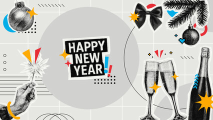 Happy New Year sign with a hand holding a sparkler, two champagne glasses, bottle and Christmas decoration on abstract background.