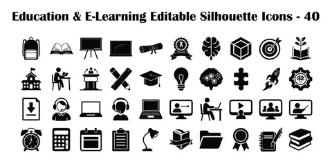 Education and E-Learning Solid Icon Set: 40 Silhouette Symbols for School, Academic Study, and Digital Training