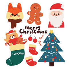 cute cartoon bear and fox with Christmas element drawing sticker set