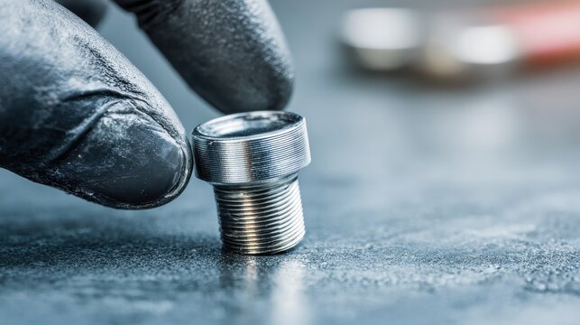 Shiny metal screw held in a gloved hand for inspection