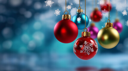 Softly defocused red holiday background with blurred hanging blue, gold, and green ornaments, gentle white snowflakes floating across the frame, dreamy festive atmosphere, with cop