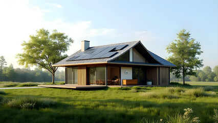 Fototapeta premium Modern Sustainable House Design: Eco-Friendly Home with Solar Panels, Wood Exterior, and Natural Landscape in Sunny Field