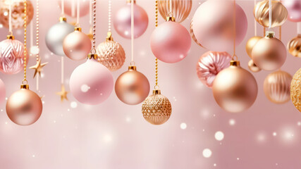 Fototapeta premium Beautiful Pink and Gold Holiday Ornaments Hanging Against a Soft Background of Festive Sparkles
