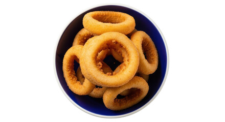 Golden fried onion rings in a blue bowl isolated PNG, crispy appetizer snack for fast food restaurants and food photography