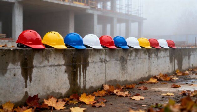 Colorful construction hard hats lined up at a building site on a foggy autumn day. Industrial safety and teamwork concept