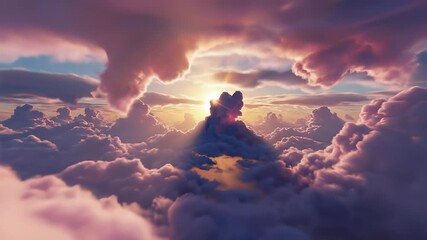 A serene cloud filled sky with majestic mountains and a curious cat surveying its kingdom amidst fluffy clouds captures the essence of peaceful tranquility, perfect for evoking feelings of.