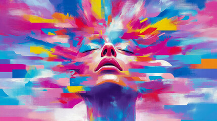 Ecstasy of Color: striking abstract portrait depicting tranquil face amidst vibrant explosion of expressive painterly strokes and dynamic digital glitch art